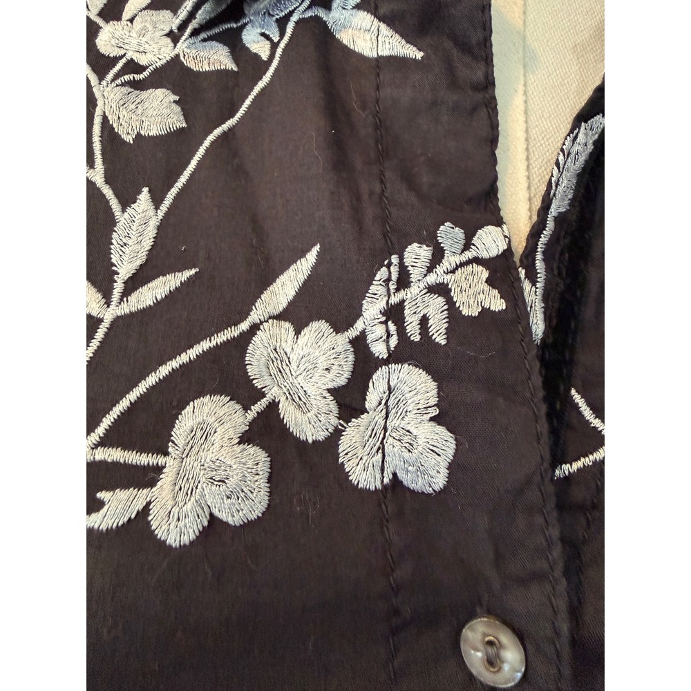 Cino Cotton Floral Embroidered Button Up Shirt Black Long Sleeve Boho Cottage XS - Picture 4 of 12